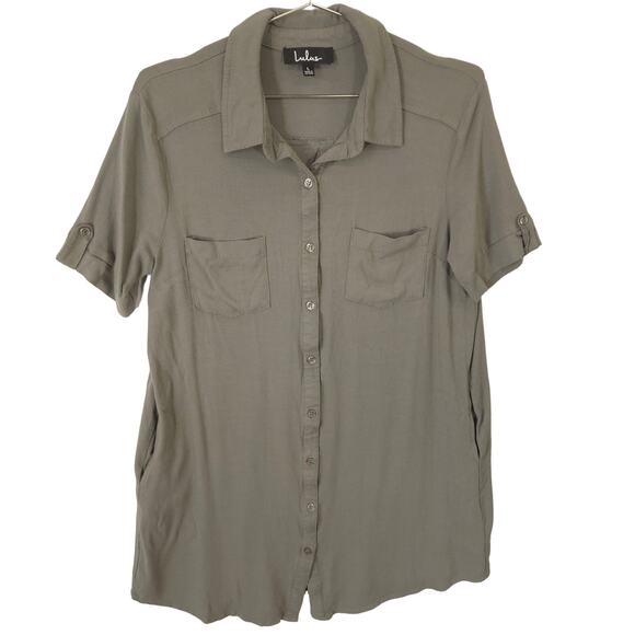Lulus Shirt Dress Womens L Muted Olive Oxford Comma Short Sleeve Front Button - Picture 1 of 12